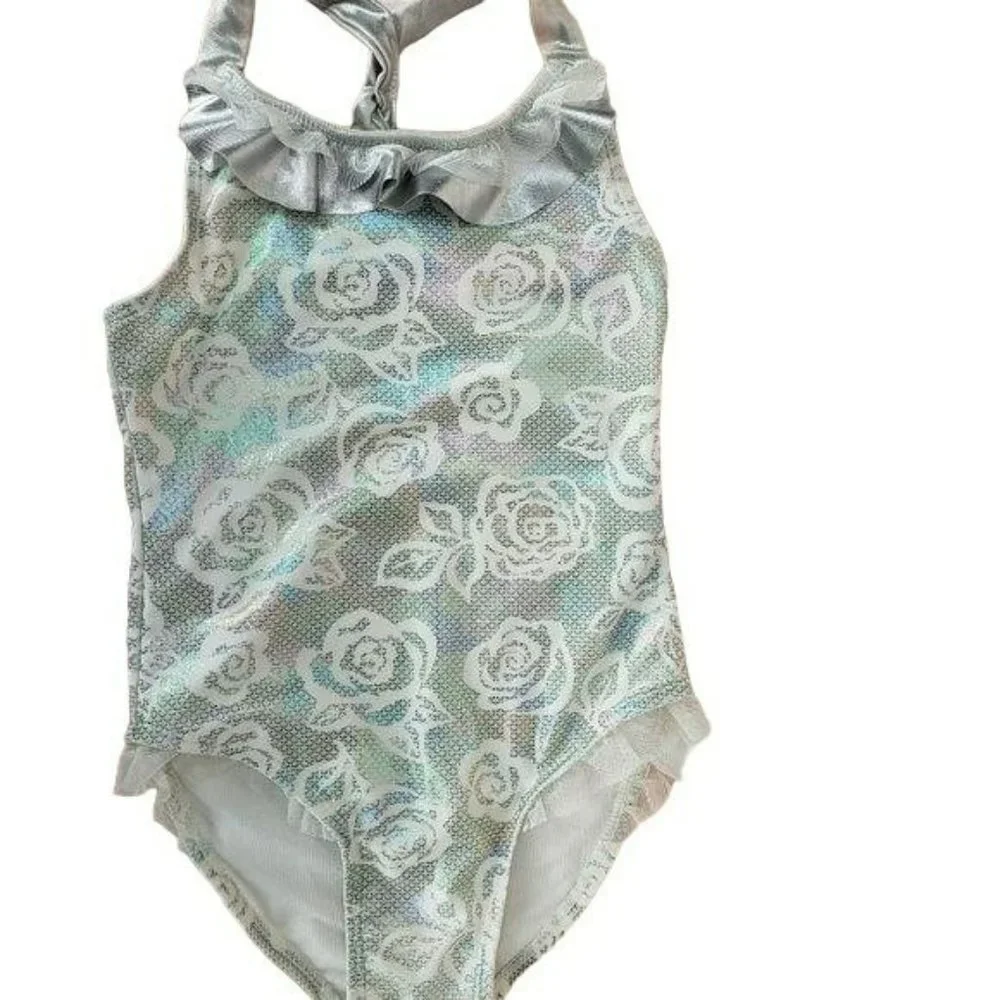 Flapdoodles Girl’s Size‎ 5 Floral metallic silver one piece Swimsuit
